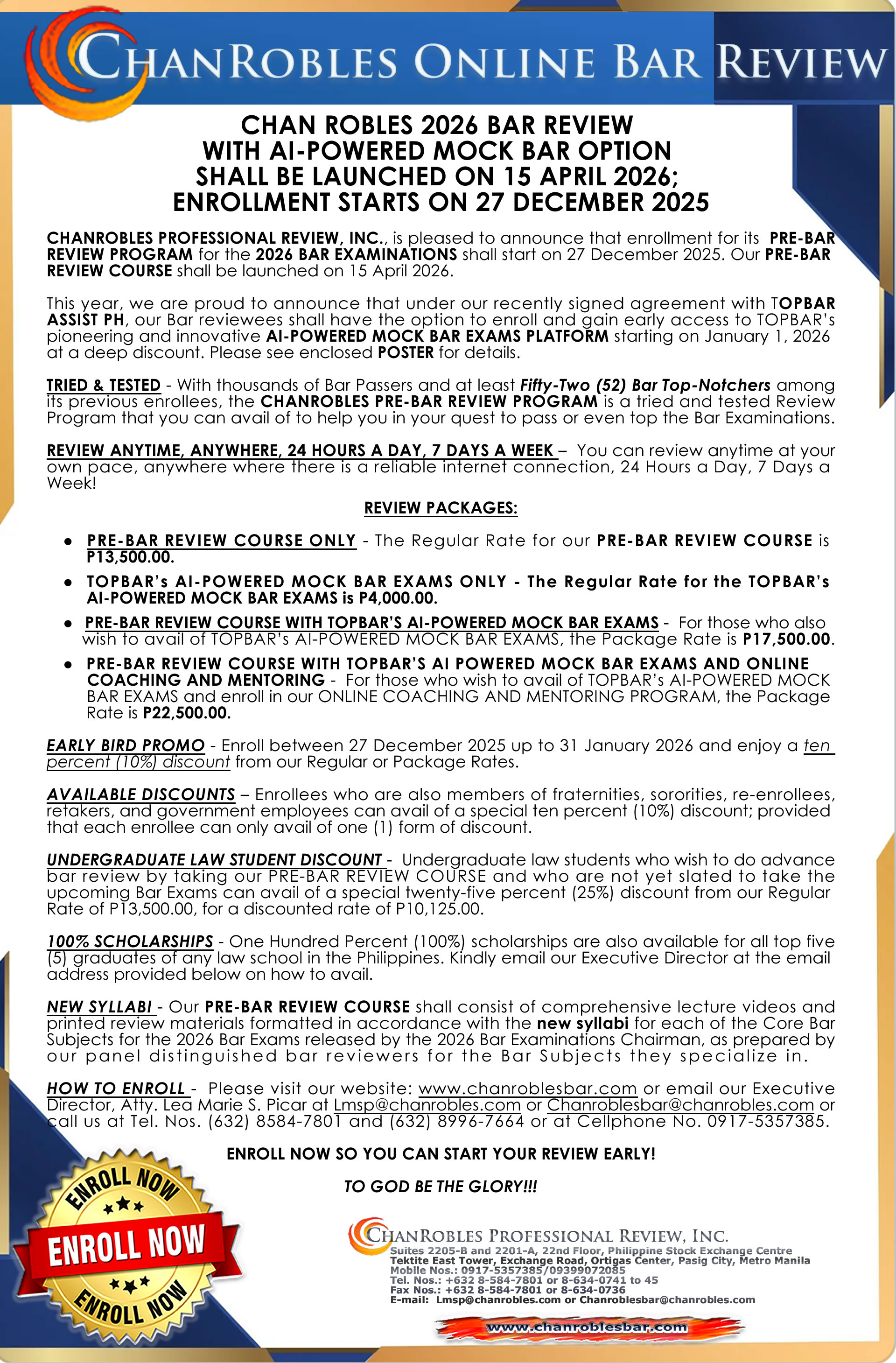CHAN ROBLES 2026 BAR REVIEW WITH AI-POWERED MOCK BAR OPTION SHALL BE LAUNCHED ON 15 APRIL 2026; ENROLLMENT STARTS ON 27 DECEMBER 2025 - ChanRobles Bar Review On-Line - ChanRobles Professional Review, Inc.